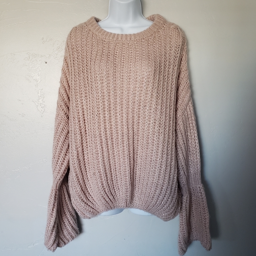 Moon & Madison Women's XL Blush Pink Open Knit Sweater Metallic Silver Bell Cuff